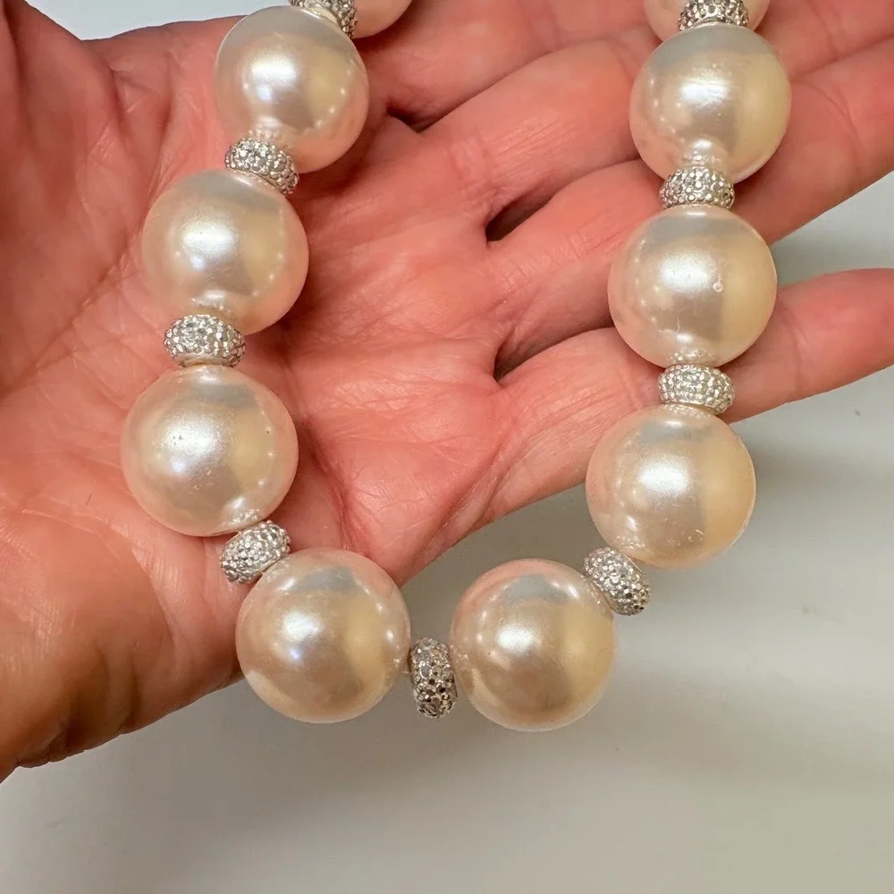 Cream Graduated Faux Pearl Statement Necklace with Crystal Spacers Silver Tone